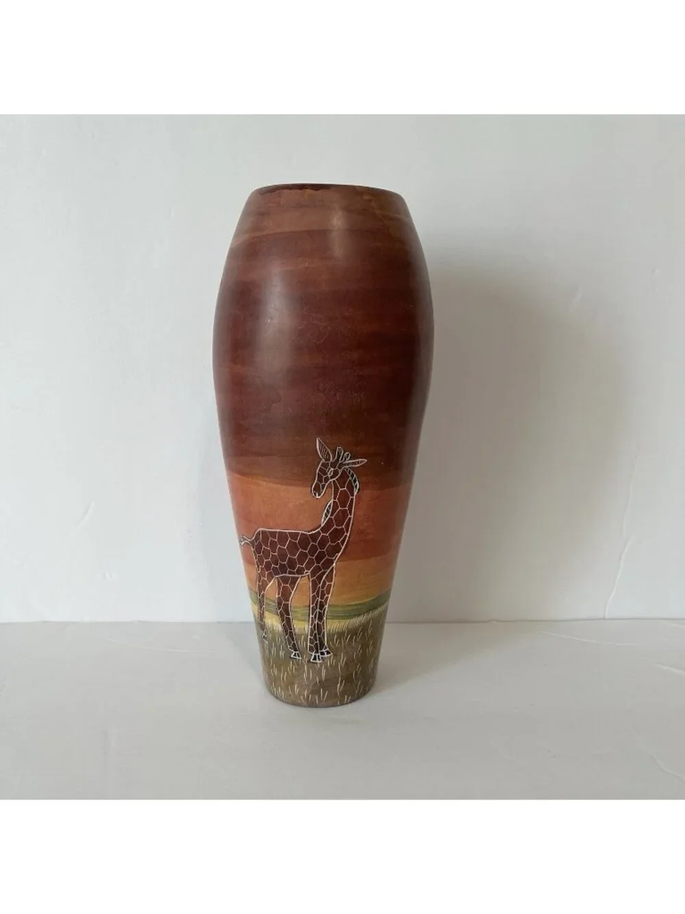 Hand Carved Soapstone Etched Giraffe Tree African Art Vase Made In Kenya